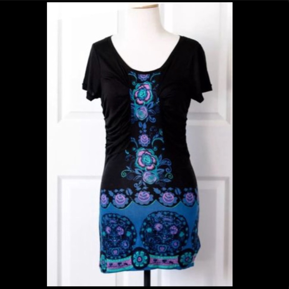 Free People Black Floral Ruching Jersey Tunic Top